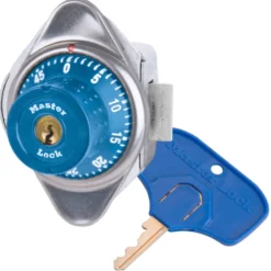 ADA Compliant Built-In Combination Lock with Blue Metal Dial for Single Point Horizontal Latch Lockers - Hinged on Left