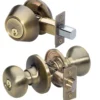 Biscuit Style Knob Entry Door Lock with Single Cylinder Deadbolt; Combo Pack; Antique Brass
