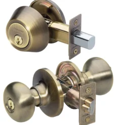 Biscuit Style Knob Entry Door Lock with Single Cylinder Deadbolt; Combo Pack; Antique Brass