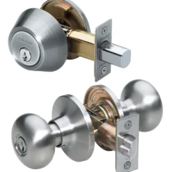 Biscuit Style Knob Entry Door Lock with Single Cylinder Deadbolt; Combo Pack; Satin Nickel