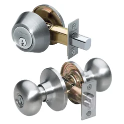 Biscuit Style Knob Entry Door Lock with Single Cylinder Deadbolt; Combo Pack; Satin Nickel, SC1