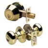 Biscuit Style Knob Entry Door Lock with Single Cylinder Deadbolt; Combo Pack; Polished Brass, SC1