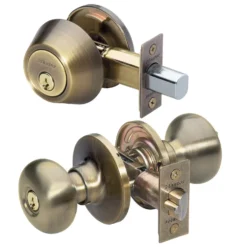 Biscuit Style Knob Entry Door Lock with Single Cylinder Deadbolt; Combo Pack; Antique Brass, KW1
