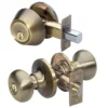 Biscuit Style Knob Entry Door Lock with Single Cylinder Deadbolt; Combo Pack; Antique Brass, SC1