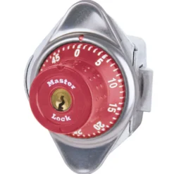 Built-In Combination Lock with Red Metal Dial for Horizontal Latch Box Lockers - Hinged on Left