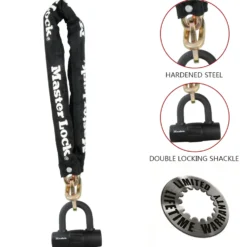 3ft (90cm) Bike Lock Chain with 10mm Diameter Hardened Steel Links; 3-1/2in x 14mm Mini U-Lock