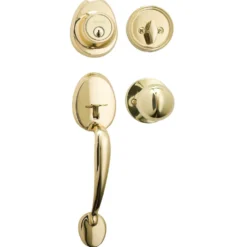 Handleset with Biscuit Style Knob Interior and Single Cylinder Deadbolt; Polished Brass, SC1