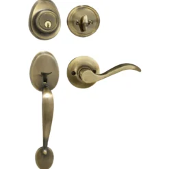 Handleset with Wave Style Lever Interior and Single Cylinder Deadbolt (Left Hand); Antique Brass, WR5