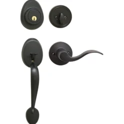 Handleset with Wave Style Lever Interior and Single Cylinder Deadbolt (Left Hand); Aged Bronze, KW1