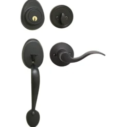 Handleset with Wave Style Lever Interior and Single Cylinder Deadbolt (Right Hand); Aged Bronze, SC1