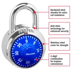 1-7/8in (48mm) Wide Combination Dial Padlock; Blue Dial