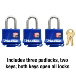 1-9/16in (40mm) Wide Covered Laminated Steel Pin Tumbler Padlock; Blue; 3-Pack