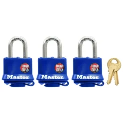 1-9/16in (40mm) Wide Covered Laminated Steel Pin Tumbler Padlock; Blue; 3-Pack