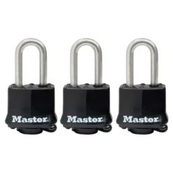 1-9/16in (40mm) Wide Covered Stainless Steel Pin Tumbler Padlock with 1-1/2in (38mm) Shackle; 3-Pack; Black