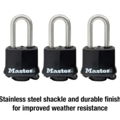 1-9/16in (40mm) Wide Covered Stainless Steel Pin Tumbler Padlock with 1-1/2in (38mm) Shackle; 3-Pack; Black
