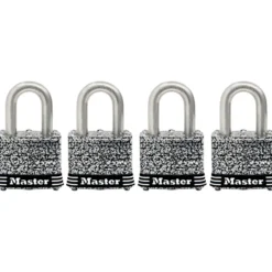1-9/16in (40mm) Wide Laminated Stainless Steel Pin Tumbler Padlock; 4-Pack