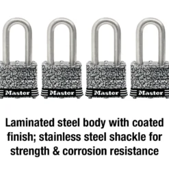 1-9/16in (40mm) Wide Laminated Stainless Steel Pin Tumbler Padlock with 1-1/2in (38mm) Shackle; 4-Pack