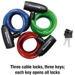 Keyed Braided Steel Cable Lock, 6 ft x 5/16 in, Assorted Colors, 3-Pack