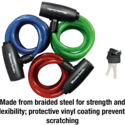 Keyed Braided Steel Cable Lock, 6 ft x 5/16 in, Assorted Colors, 3-Pack