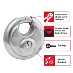 Stainless Steel Discus Padlock with Shrouded Shackle, 2-3/4 in Wide