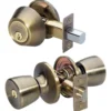 Tulip Style Knob Entry Door Lock with Single Cylinder Deadbolt; Combo Pack; Antique Brass, WK2