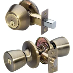 Tulip Style Knob Entry Door Lock with Single Cylinder Deadbolt; Combo Pack; Antique Brass, WK2