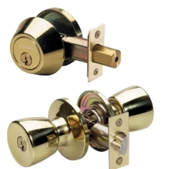 Tulip Style Knob Entry Door Lock with Single Cylinder Deadbolt; Combo Pack; Polished Brass