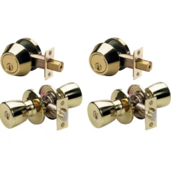 Tulip Style Knob Entry Door Lock with Single Cylinder Deadbolt; Combo Pack; Polished Brass; 2-Pack