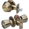 Tulip Style Knob Entry Door Lock with Single Cylinder Deadbolt; Combo Pack; Antique Brass