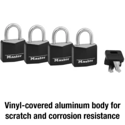Vinyl-Covered Solid Body Padlock, 1-3/16 in Wide, 4-Pack