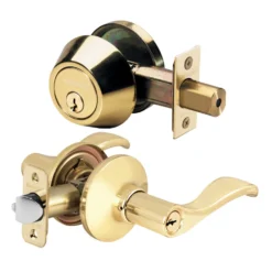 Wave Style Lever Entry Door Lock with Single Cylinder Deadbolt; Combo Pack; Polished Brass, KW1