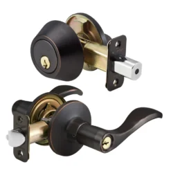 Wave Style Lever Entry Door Lock with Single Cylinder Deadbolt; Combo Pack; Aged Bronze, WK2