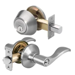 Wave Style Lever Entry Door Lock with Single Cylinder Deadbolt; Combo Pack; Satin Nickel, KW1